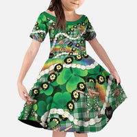 St Patrick's Day Palaka Hawaii Kid Short Sleeve Dress Kukui Nut Pikake Lei Shamrock Dabbing Leprechaun LT14 KID Green - Polynesian Pride