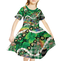 St Patrick's Day Palaka Hawaii Kid Short Sleeve Dress Kukui Nut Pikake Lei Shamrock Dabbing Leprechaun LT14 - Polynesian Pride