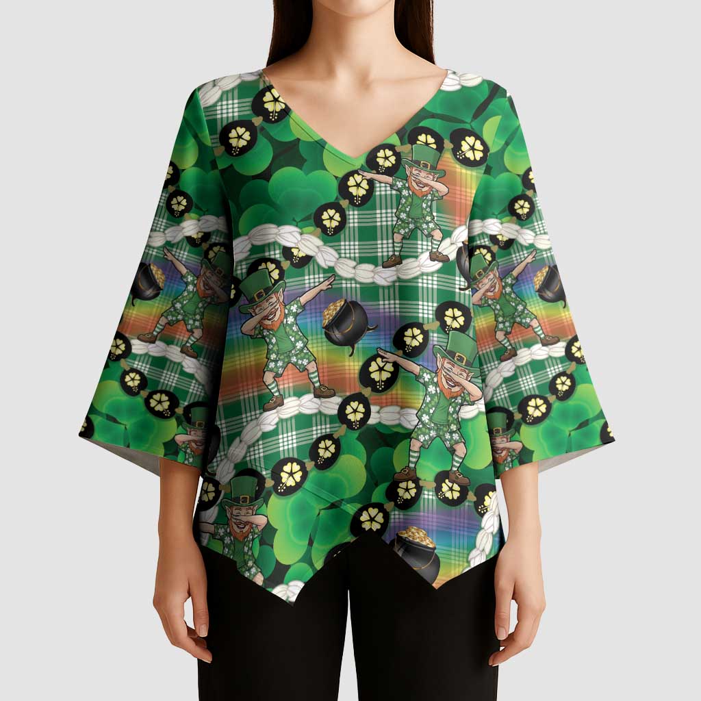 St Patrick's Day Palaka Hawaii Kimono Sleeve Blouse Kukui Nut Pikake Lei Shamrock Dabbing Leprechaun