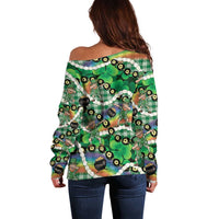 St Patrick's Day Palaka Hawaii Off Shoulder Sweater Kukui Nut Pikake Lei Shamrock Dabbing Leprechaun