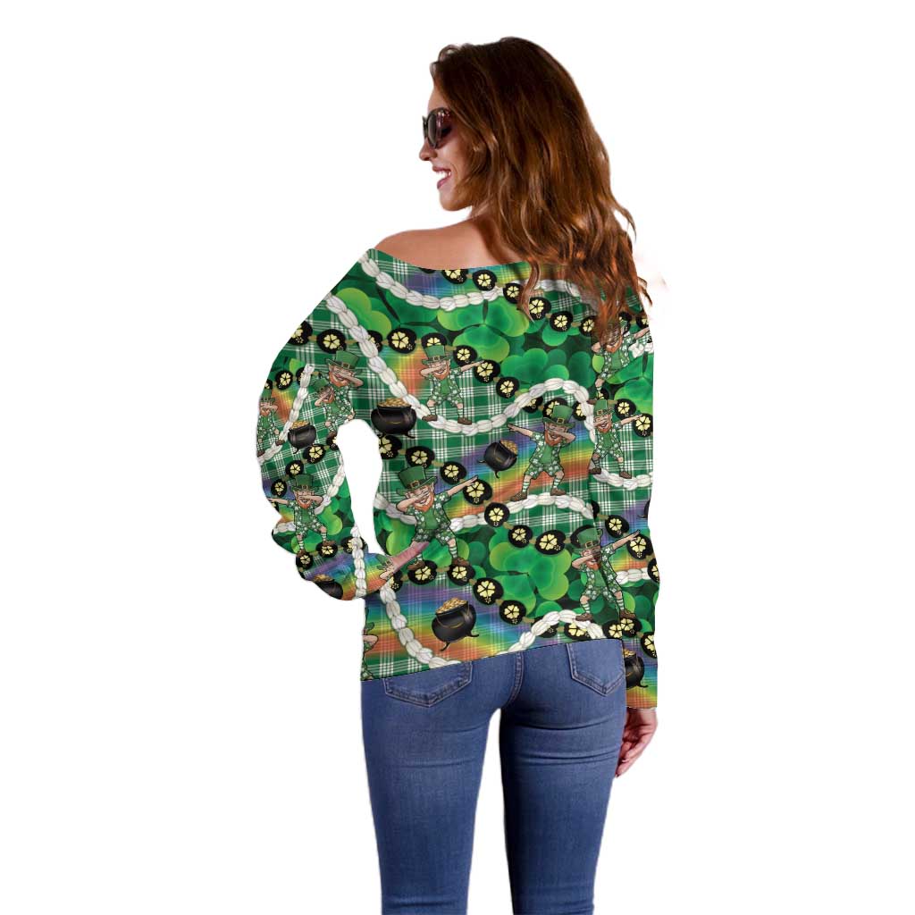 St Patrick's Day Palaka Hawaii Off Shoulder Sweater Kukui Nut Pikake Lei Shamrock Dabbing Leprechaun