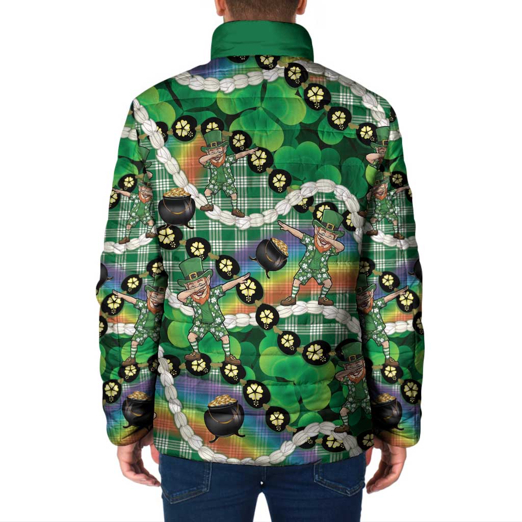 St Patrick's Day Palaka Hawaii Padded Jacket Kukui Nut Pikake Lei Shamrock Dabbing Leprechaun
