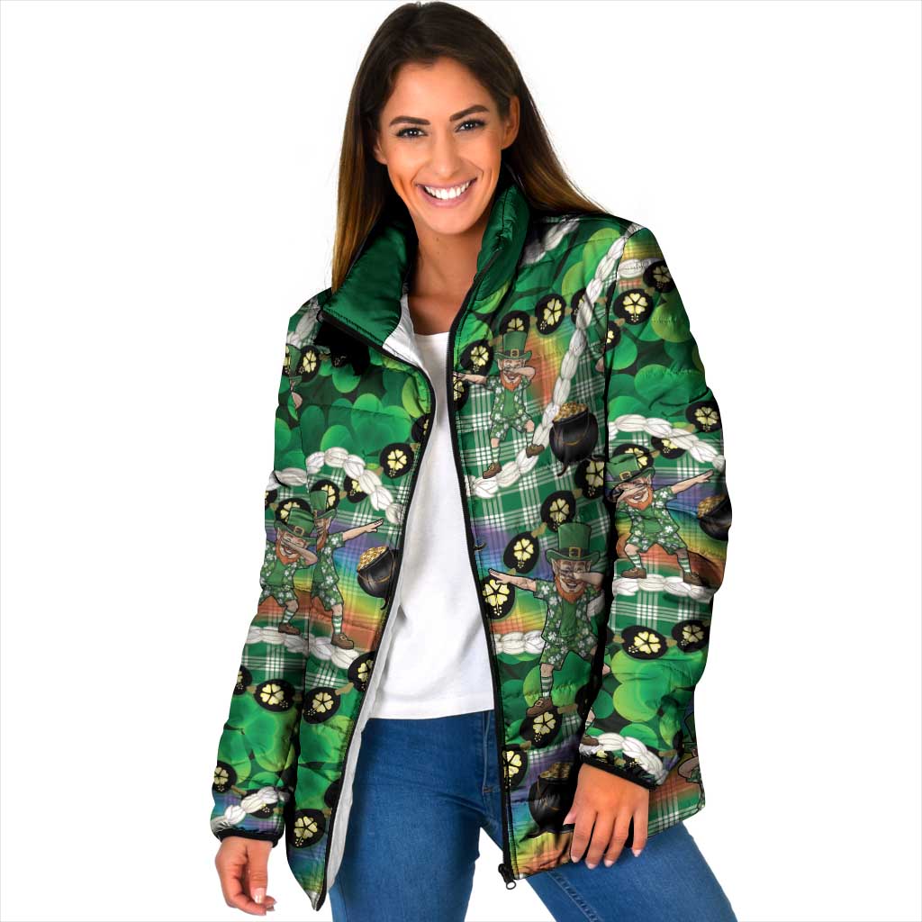 St Patrick's Day Palaka Hawaii Padded Jacket Kukui Nut Pikake Lei Shamrock Dabbing Leprechaun