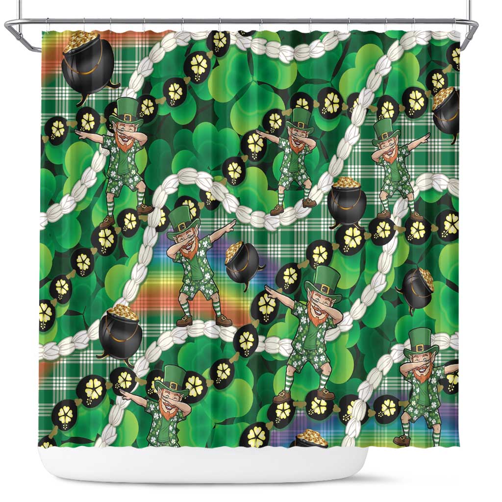 St Patrick's Day Palaka Hawaii Shower Curtain Kukui Nut Pikake Lei Shamrock Dabbing Leprechaun