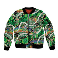 St Patrick's Day Palaka Hawaii Sleeve Zip Bomber Jacket Kukui Nut Pikake Lei Shamrock Dabbing Leprechaun