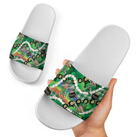 St Patrick's Day Palaka Hawaii Slide Sandals Kukui Nut Pikake Lei Shamrock Dabbing Leprechaun
