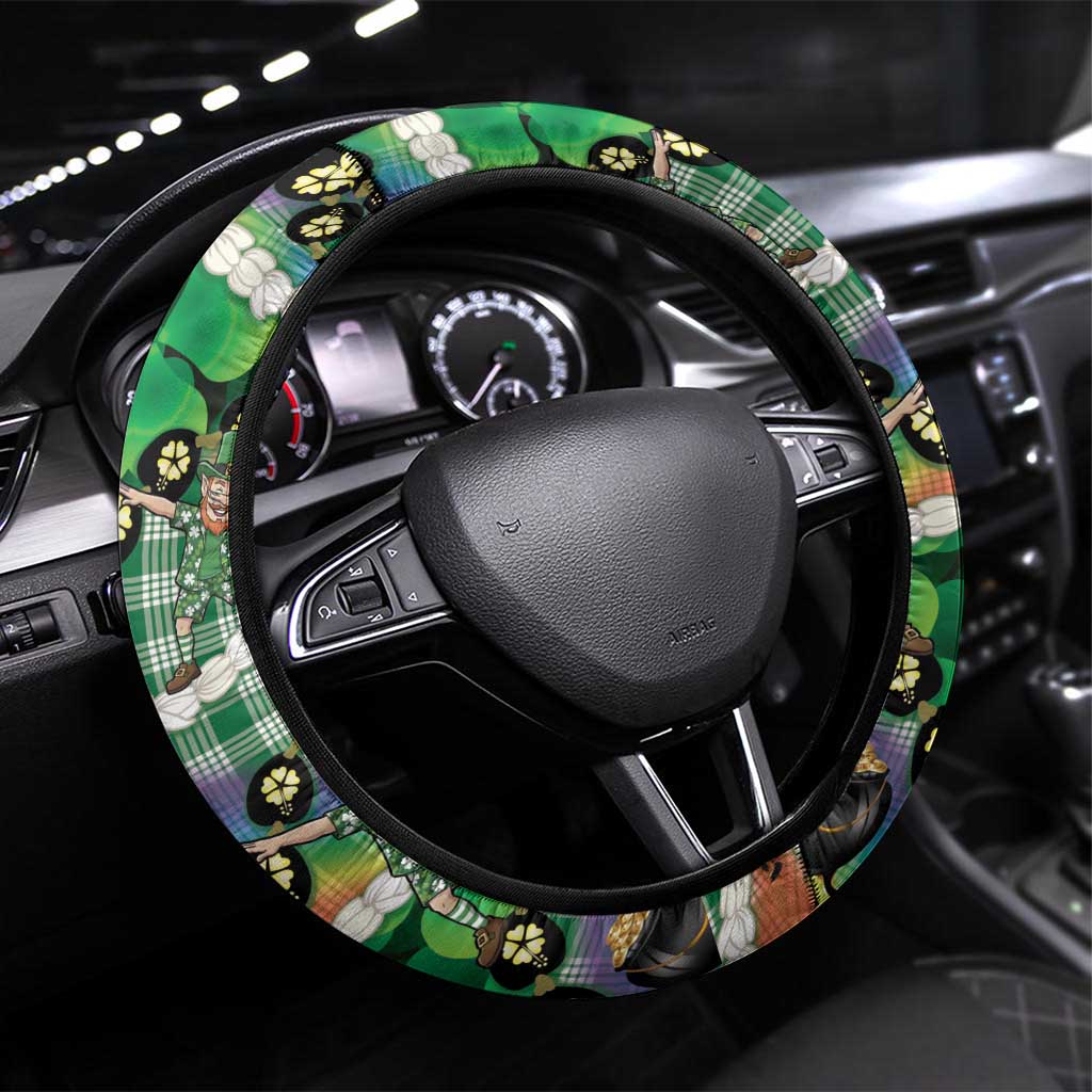 St Patrick's Day Palaka Hawaii Steering Wheel Cover Kukui Nut Pikake Lei Shamrock Dabbing Leprechaun LT14 Universal Fit Green - Polynesian Pride
