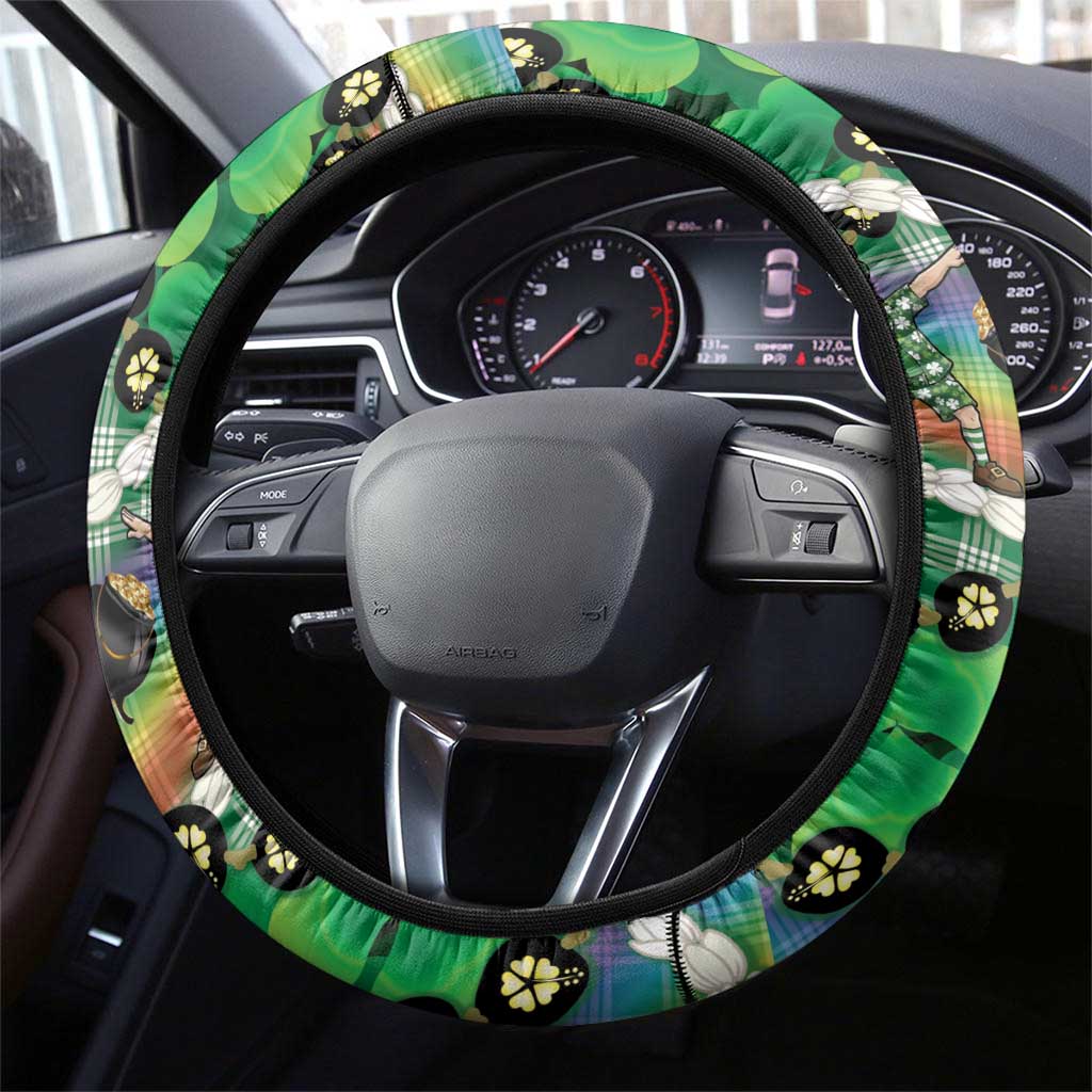 St Patrick's Day Palaka Hawaii Steering Wheel Cover Kukui Nut Pikake Lei Shamrock Dabbing Leprechaun LT14 - Polynesian Pride