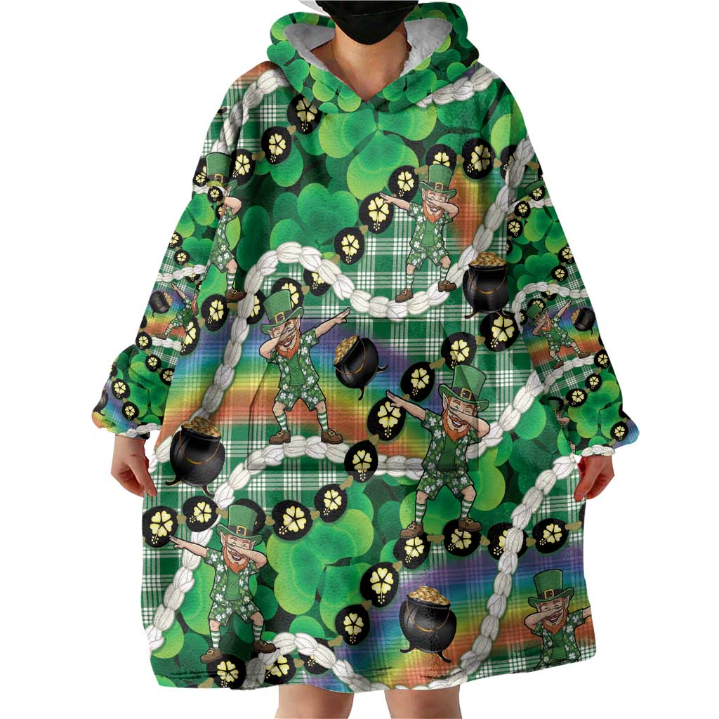 St Patrick's Day Palaka Hawaii Wearable Blanket Hoodie Kukui Nut Pikake Lei Shamrock Dabbing Leprechaun