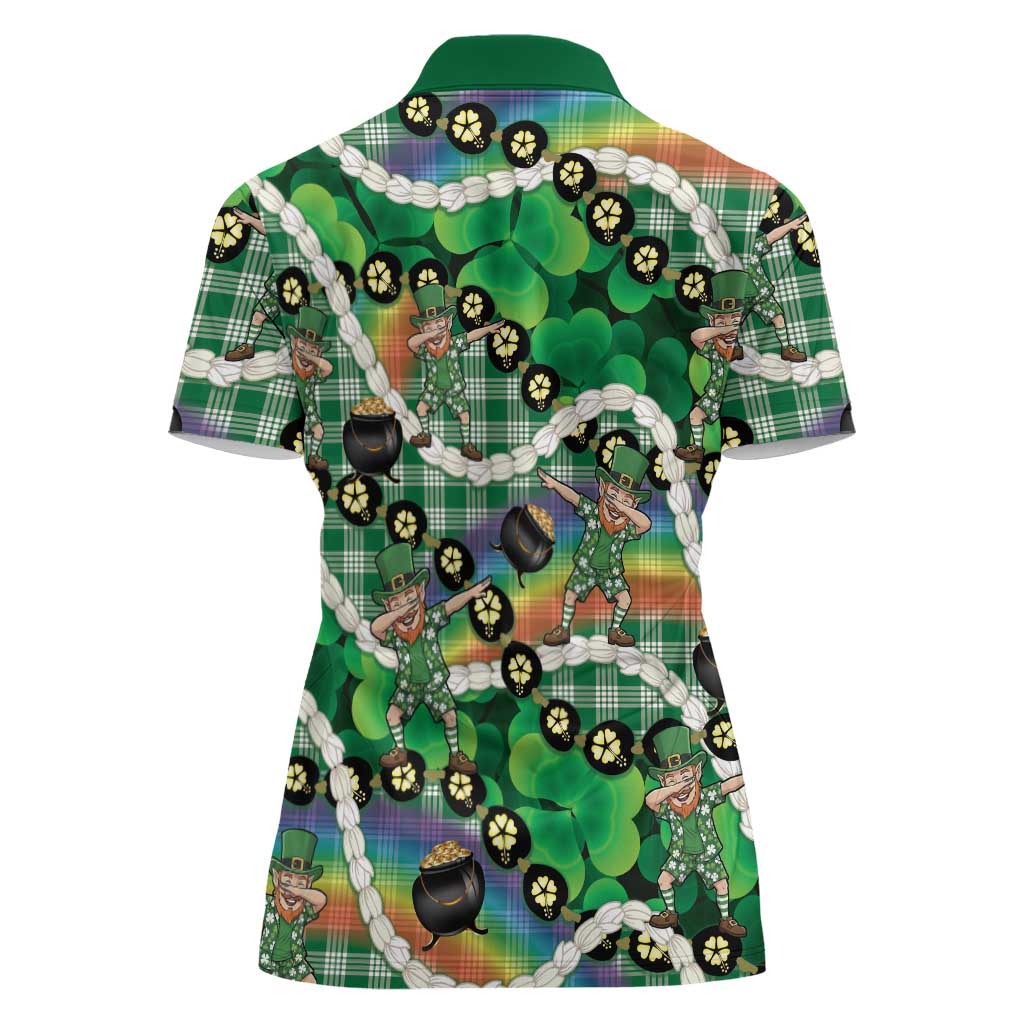 St Patrick's Day Palaka Hawaii Women Polo Shirt Kukui Nut Pikake Lei Shamrock Dabbing Leprechaun LT14 - Polynesian Pride