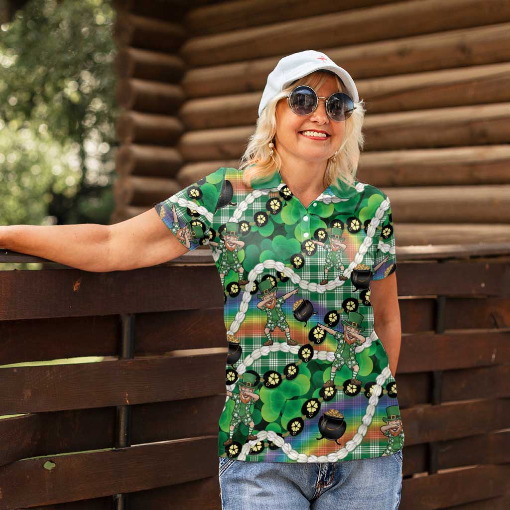 St Patrick's Day Palaka Hawaii Women Polo Shirt Kukui Nut Pikake Lei Shamrock Dabbing Leprechaun LT14 - Polynesian Pride