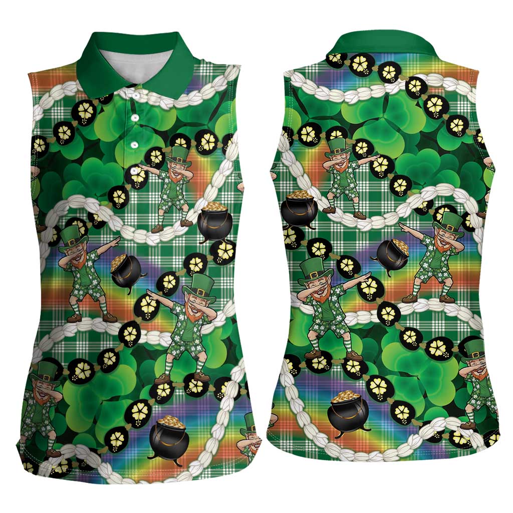 St Patrick's Day Palaka Hawaii Women Sleeveless Polo Shirt Kukui Nut Pikake Lei Shamrock Dabbing Leprechaun LT14 - Polynesian Pride