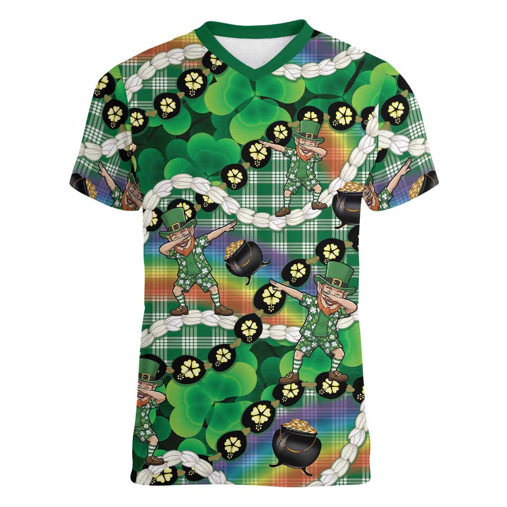 St Patrick's Day Palaka Hawaii Women V-Neck T-Shirt Kukui Nut Pikake Lei Shamrock Dabbing Leprechaun LT14 Female Green - Polynesian Pride