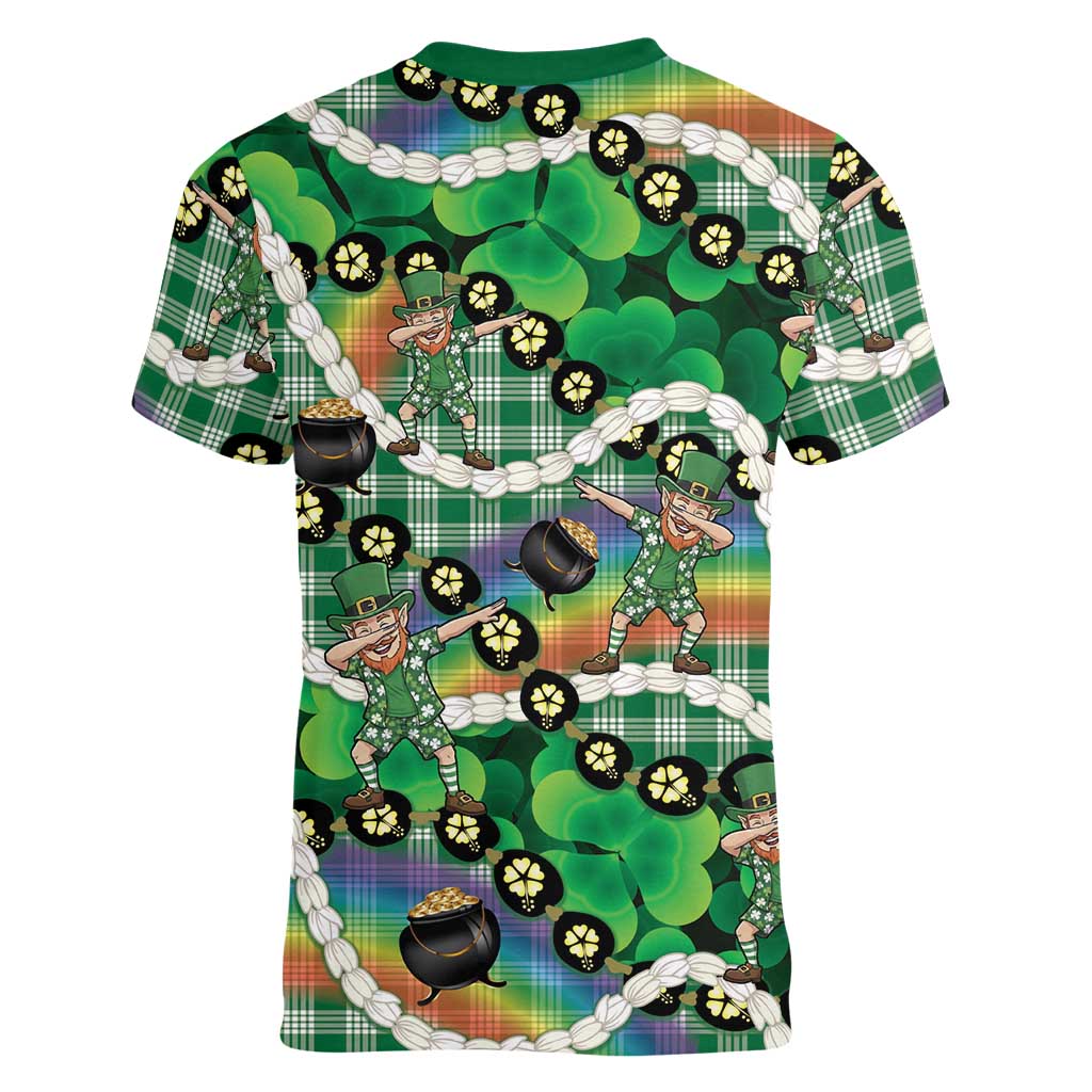 St Patrick's Day Palaka Hawaii Women V-Neck T-Shirt Kukui Nut Pikake Lei Shamrock Dabbing Leprechaun LT14 - Polynesian Pride