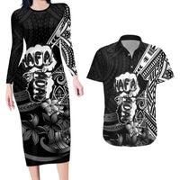 Hafa Adai Guam Discovery Day Couples Matching Long Sleeve Bodycon Dress and Hawaiian Shirt Chamorro Latte Stone Hand Black Version LT14 Black - Polynesian Pride