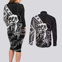 Hafa Adai Guam Discovery Day Couples Matching Long Sleeve Bodycon Dress and Long Sleeve Button Shirt Chamorro Latte Stone Hand Black Version