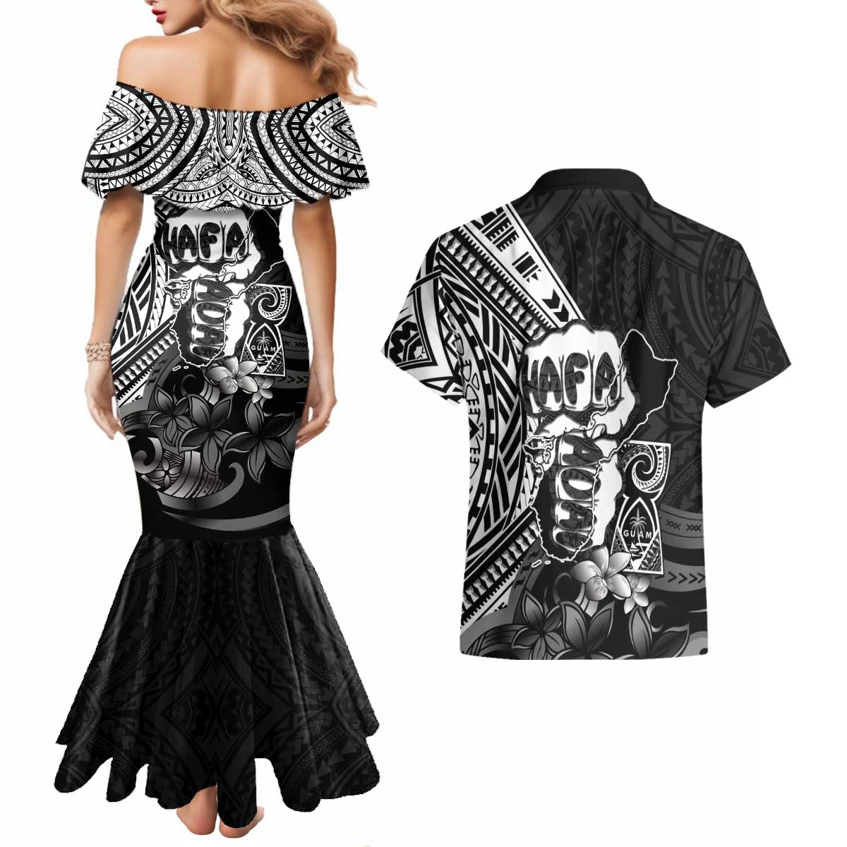 Hafa Adai Guam Discovery Day Couples Matching Mermaid Dress and Hawaiian Shirt Chamorro Latte Stone Hand Black Version LT14 - Polynesian Pride