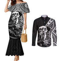 Hafa Adai Guam Discovery Day Couples Matching Mermaid Dress and Long Sleeve Button Shirt Chamorro Latte Stone Hand Black Version