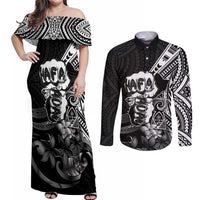 Hafa Adai Guam Discovery Day Couples Matching Off Shoulder Maxi Dress and Long Sleeve Button Shirt Chamorro Latte Stone Hand Black Version