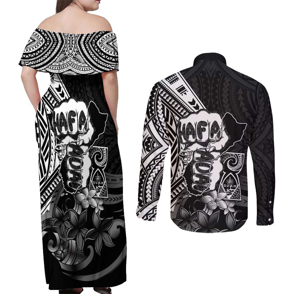 Hafa Adai Guam Discovery Day Couples Matching Off Shoulder Maxi Dress and Long Sleeve Button Shirt Chamorro Latte Stone Hand Black Version