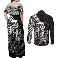 Hafa Adai Guam Discovery Day Couples Matching Off Shoulder Maxi Dress and Long Sleeve Button Shirt Chamorro Latte Stone Hand Black Version