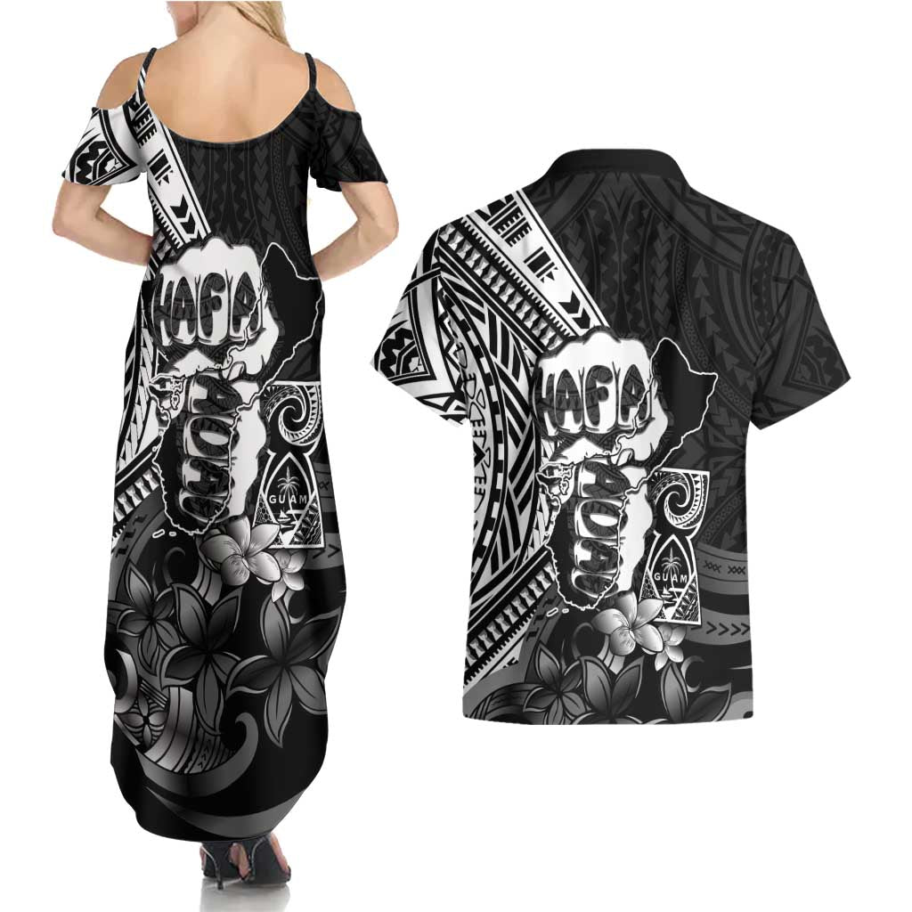 Hafa Adai Guam Discovery Day Couples Matching Summer Maxi Dress and Hawaiian Shirt Chamorro Latte Stone Hand Black Version