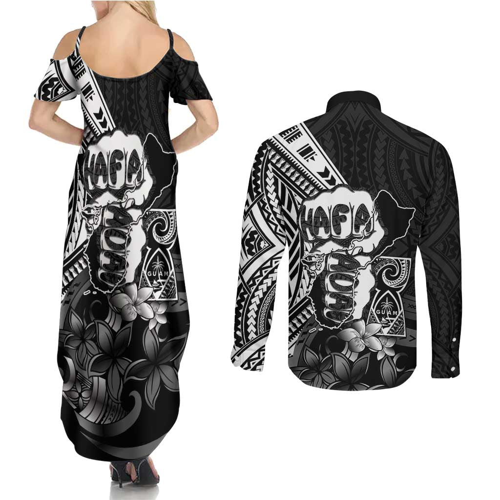 Hafa Adai Guam Discovery Day Couples Matching Summer Maxi Dress and Long Sleeve Button Shirt Chamorro Latte Stone Hand Black Version