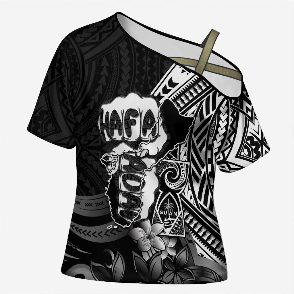 Hafa Adai Guam Discovery Day Cross Shoulder Shirt Chamorro Latte Stone Hand Black Version LT14 Female Black - Polynesian Pride