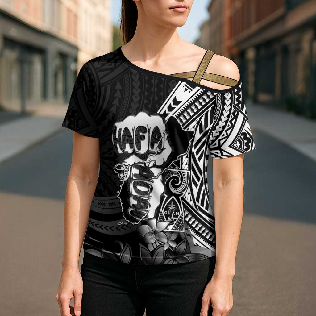 Hafa Adai Guam Discovery Day Cross Shoulder Shirt Chamorro Latte Stone Hand Black Version LT14 - Polynesian Pride