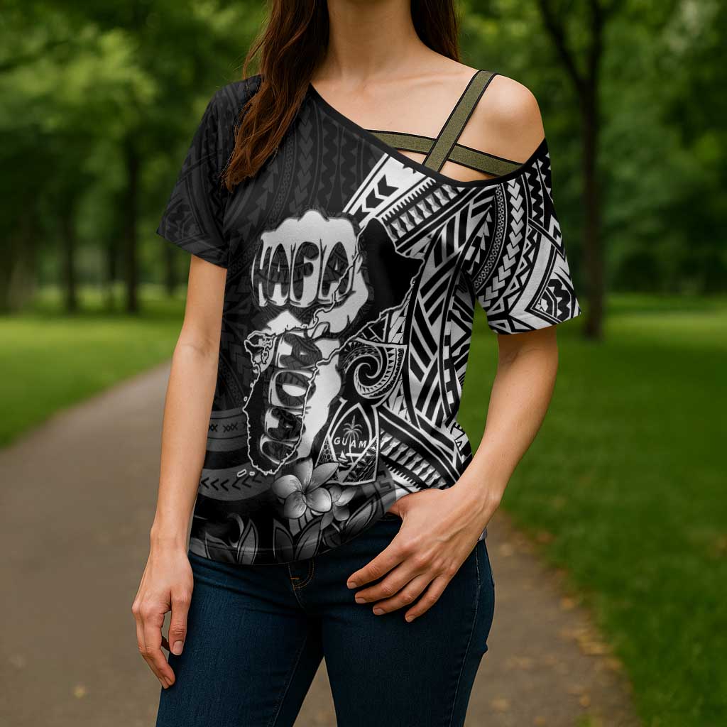 Hafa Adai Guam Discovery Day Cross Shoulder Shirt Chamorro Latte Stone Hand Black Version LT14 - Polynesian Pride