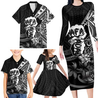 Hafa Adai Guam Discovery Day Family Matching Long Sleeve Bodycon Dress and Hawaiian Shirt Chamorro Latte Stone Hand Black Version LT14 - Polynesian Pride