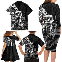 Hafa Adai Guam Discovery Day Family Matching Long Sleeve Bodycon Dress and Hawaiian Shirt Chamorro Latte Stone Hand Black Version LT14 - Polynesian Pride