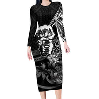 Hafa Adai Guam Discovery Day Family Matching Long Sleeve Bodycon Dress and Hawaiian Shirt Chamorro Latte Stone Hand Black Version LT14 Mom's Dress Black - Polynesian Pride