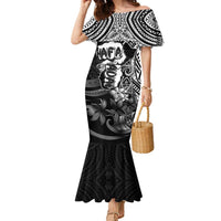 Hafa Adai Guam Discovery Day Family Matching Mermaid Dress and Hawaiian Shirt Chamorro Latte Stone Hand Black Version LT14 Mom's Dress Black - Polynesian Pride