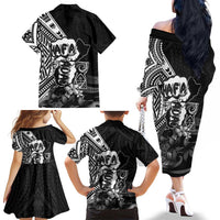 Hafa Adai Guam Discovery Day Family Matching Off The Shoulder Long Sleeve Dress and Hawaiian Shirt Chamorro Latte Stone Hand Black Version LT14 - Polynesian Pride