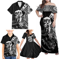 Hafa Adai Guam Discovery Day Family Matching Off Shoulder Maxi Dress and Hawaiian Shirt Chamorro Latte Stone Hand Black Version LT14 - Polynesian Pride