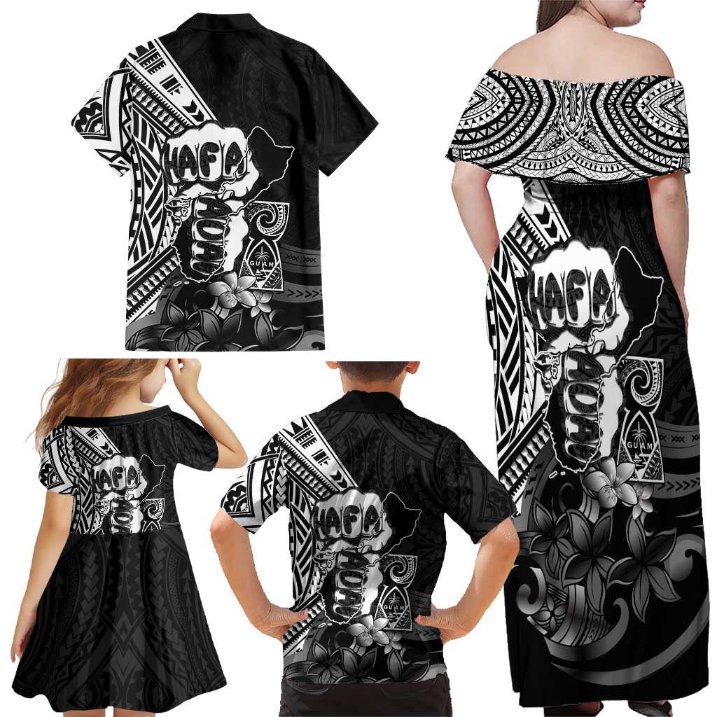 Hafa Adai Guam Discovery Day Family Matching Off Shoulder Maxi Dress and Hawaiian Shirt Chamorro Latte Stone Hand Black Version LT14 - Polynesian Pride
