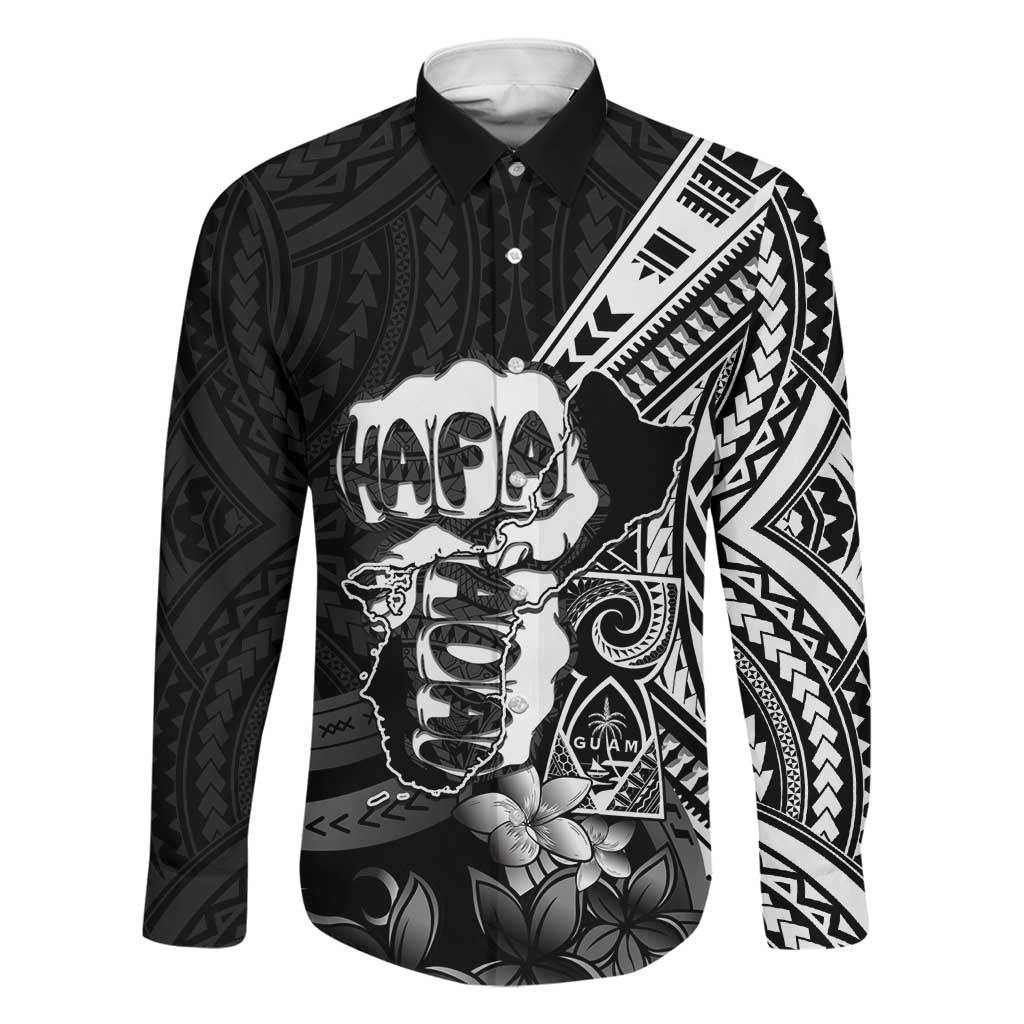 Hafa Adai Guam Discovery Day Family Matching Off Shoulder Maxi Dress and Hawaiian Shirt Chamorro Latte Stone Hand Black Version LT14 Dad's Shirt - Long Sleeve Black - Polynesian Pride