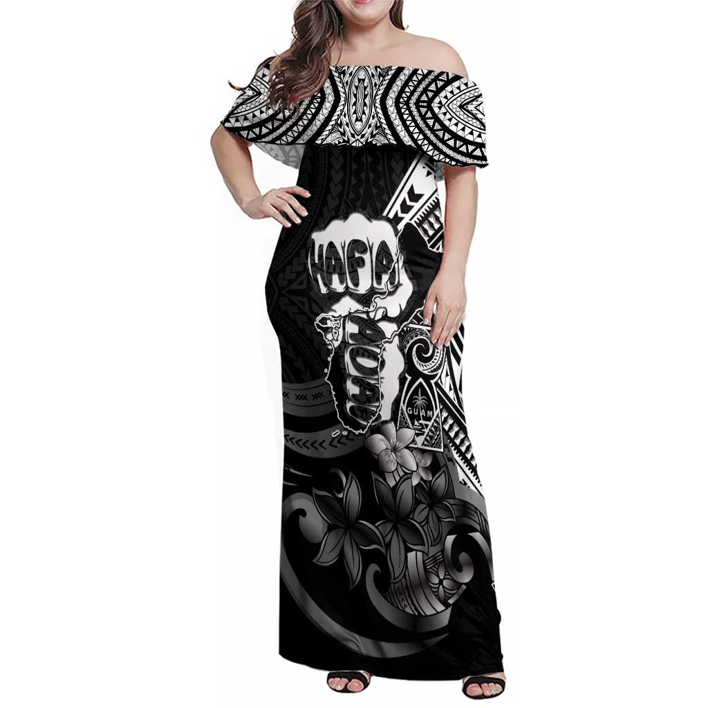 Hafa Adai Guam Discovery Day Family Matching Off Shoulder Maxi Dress and Hawaiian Shirt Chamorro Latte Stone Hand Black Version LT14 Mom's Dress Black - Polynesian Pride