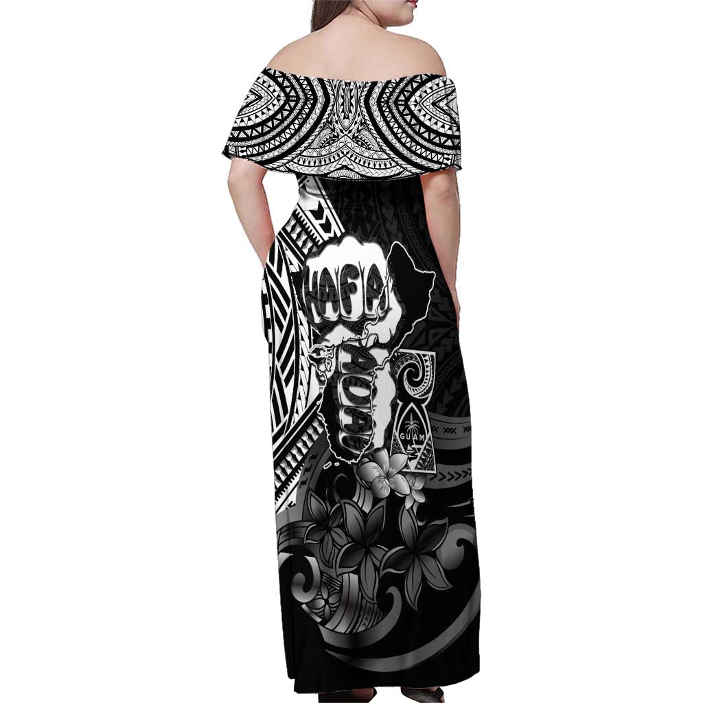 Hafa Adai Guam Discovery Day Family Matching Off Shoulder Maxi Dress and Hawaiian Shirt Chamorro Latte Stone Hand Black Version LT14 - Polynesian Pride