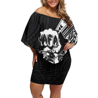 Hafa Adai Guam Discovery Day Family Matching Off Shoulder Short Dress and Hawaiian Shirt Chamorro Latte Stone Hand Black Version LT14 Mom's Dress Black - Polynesian Pride