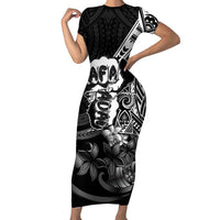 Hafa Adai Guam Discovery Day Family Matching Short Sleeve Bodycon Dress and Hawaiian Shirt Chamorro Latte Stone Hand Black Version LT14 Mom's Dress Black - Polynesian Pride