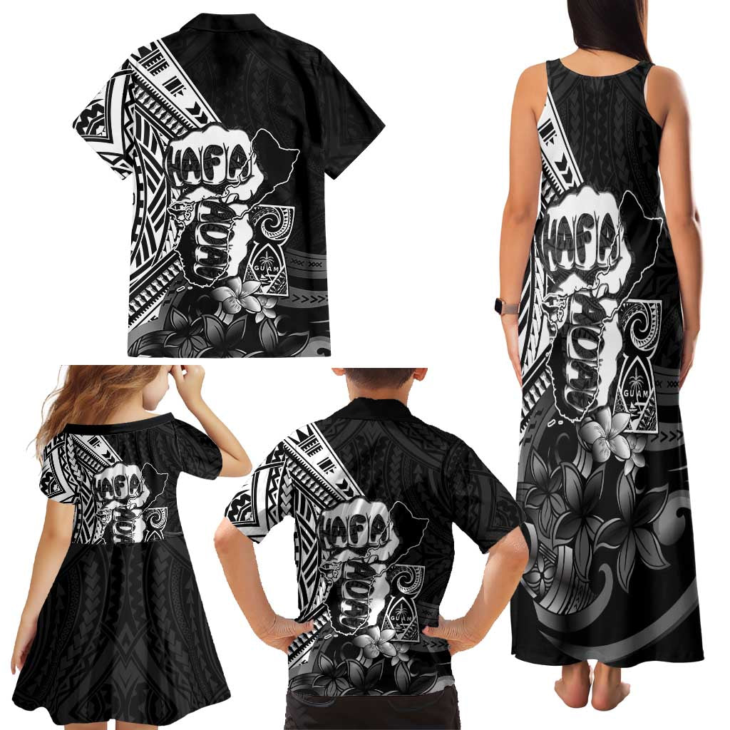 Hafa Adai Guam Discovery Day Family Matching Tank Maxi Dress and Hawaiian Shirt Chamorro Latte Stone Hand Black Version LT14 - Polynesian Pride