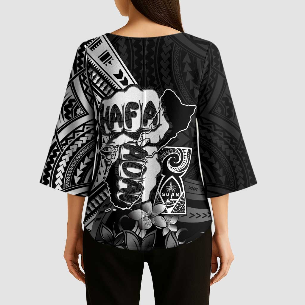 Hafa Adai Guam Discovery Day Kimono Sleeve Blouse Chamorro Latte Stone Hand Black Version