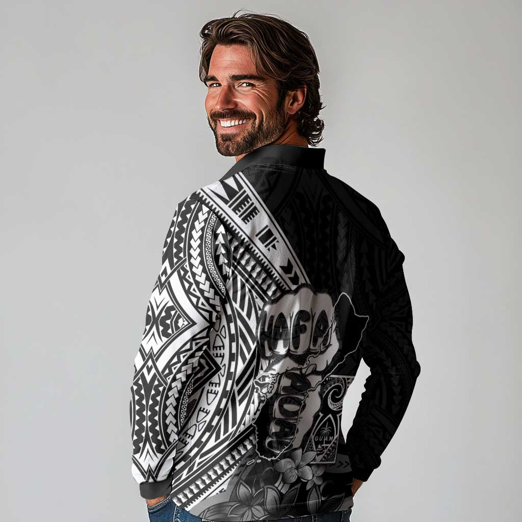Hafa Adai Guam Discovery Day Long Sleeve Polo Shirt Chamorro Latte Stone Hand Black Version