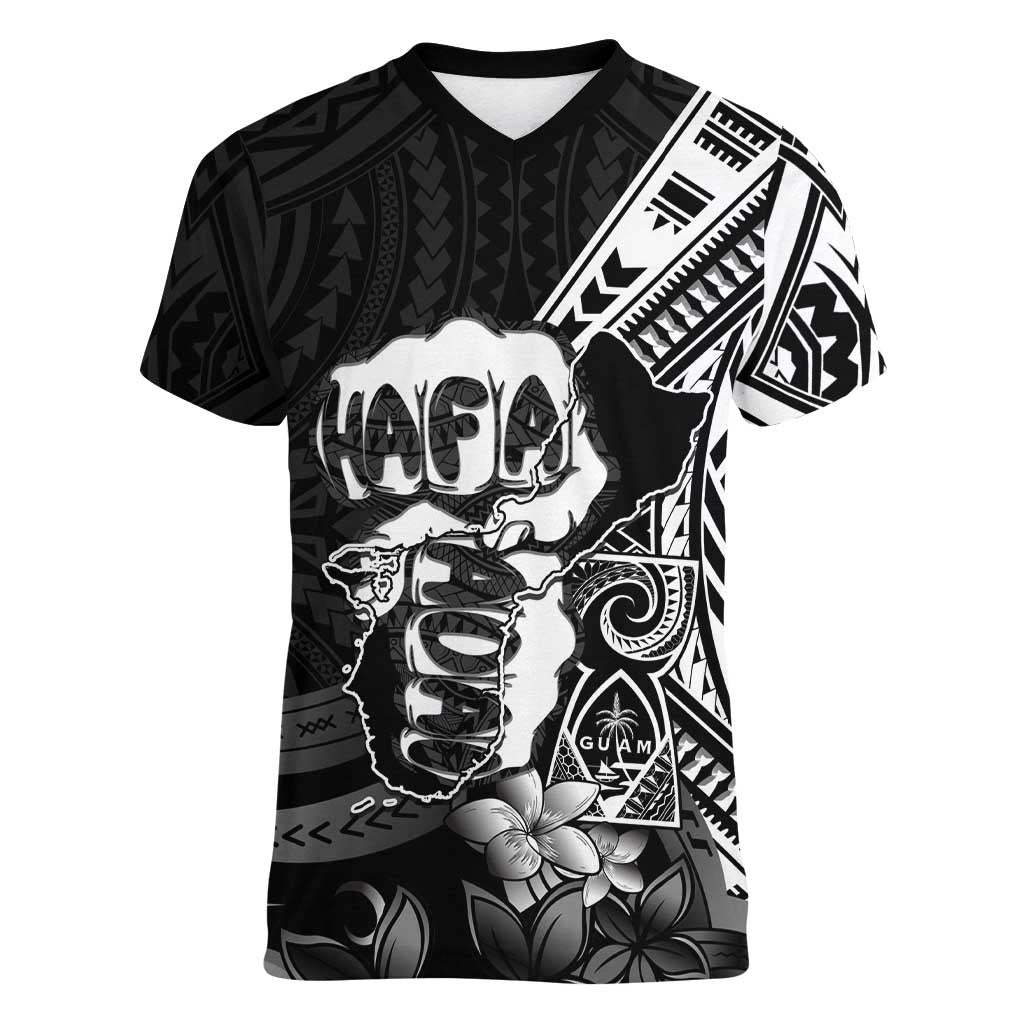 Hafa Adai Guam Discovery Day Women V-Neck T-Shirt Chamorro Latte Stone Hand Black Version LT14 Female Black - Polynesian Pride