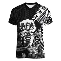 Hafa Adai Guam Discovery Day Women V-Neck T-Shirt Chamorro Latte Stone Hand Black Version LT14 Female Black - Polynesian Pride