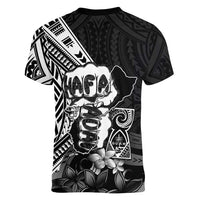 Hafa Adai Guam Discovery Day Women V-Neck T-Shirt Chamorro Latte Stone Hand Black Version LT14 - Polynesian Pride