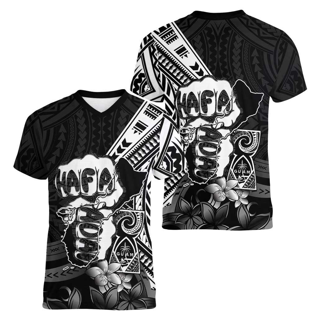 Hafa Adai Guam Discovery Day Women V-Neck T-Shirt Chamorro Latte Stone Hand Black Version LT14 - Polynesian Pride