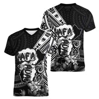 Hafa Adai Guam Discovery Day Women V-Neck T-Shirt Chamorro Latte Stone Hand Black Version LT14 - Polynesian Pride